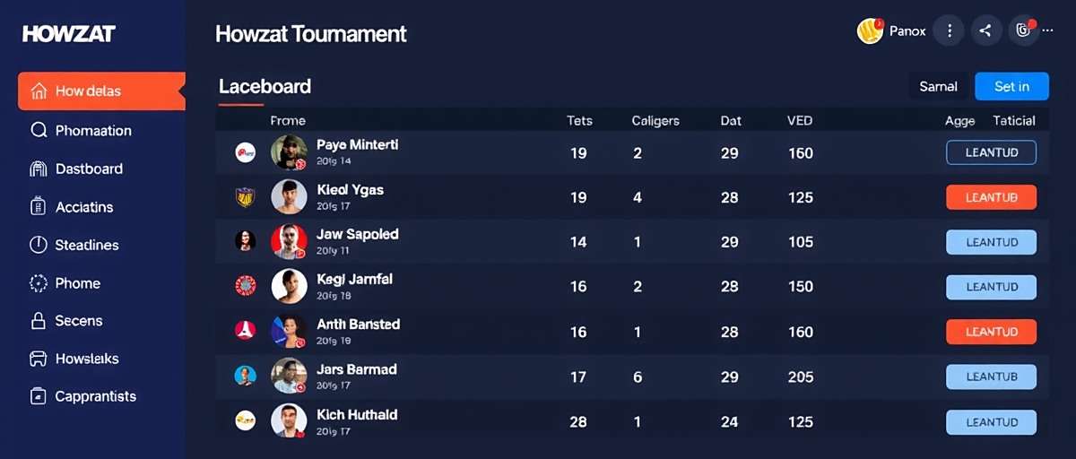 Howzat Multiplayer Tournaments Howzat multiplayer tournament dashboard showing leaderboard and upcoming matches